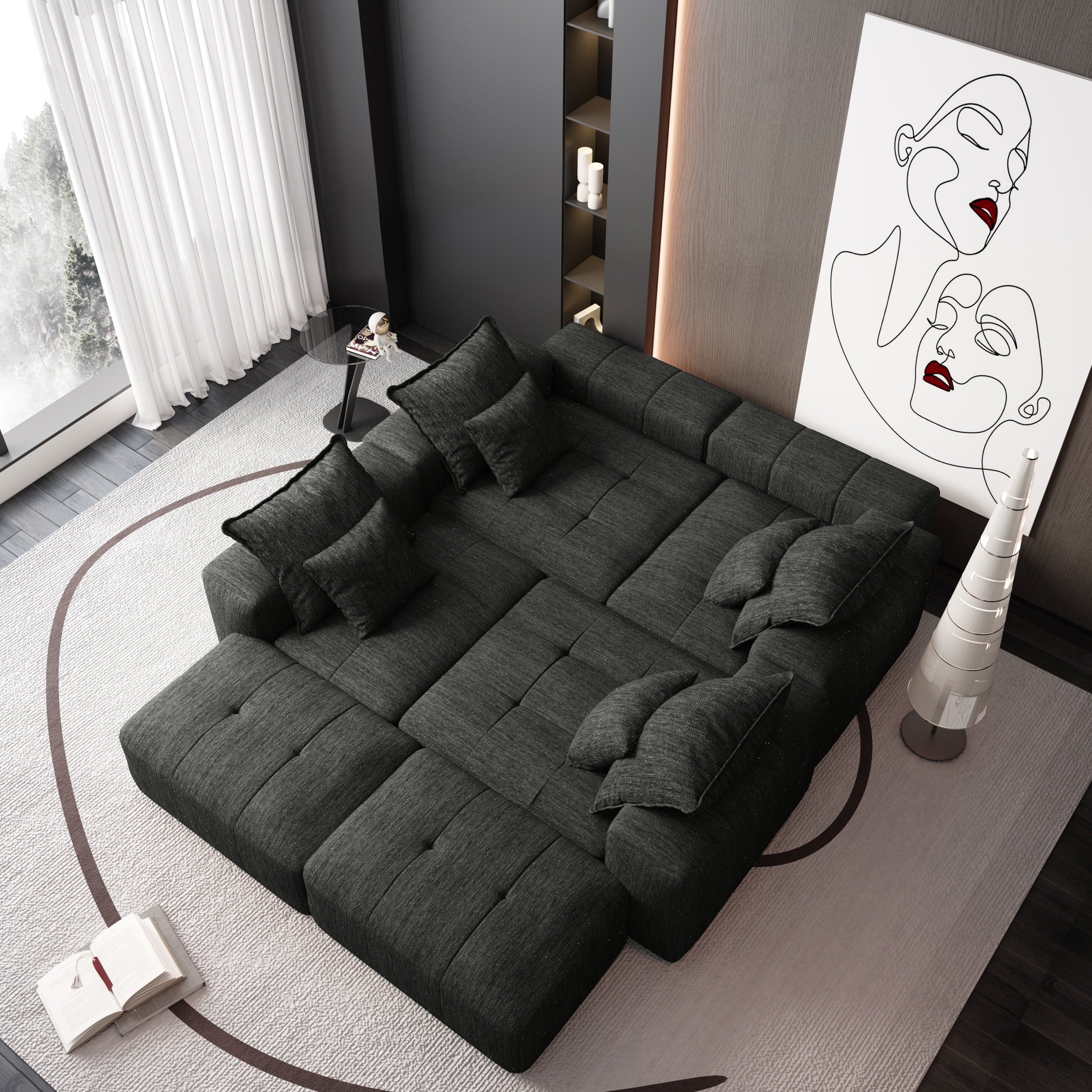 Modern Oversized Modular Sectional Sofa,Sparkling Chenille Fabric Soft Cushion Sofa with 8 Pillows,8 PCS DIY Combination Tufted Sofa,No Assembly Required,BLACK