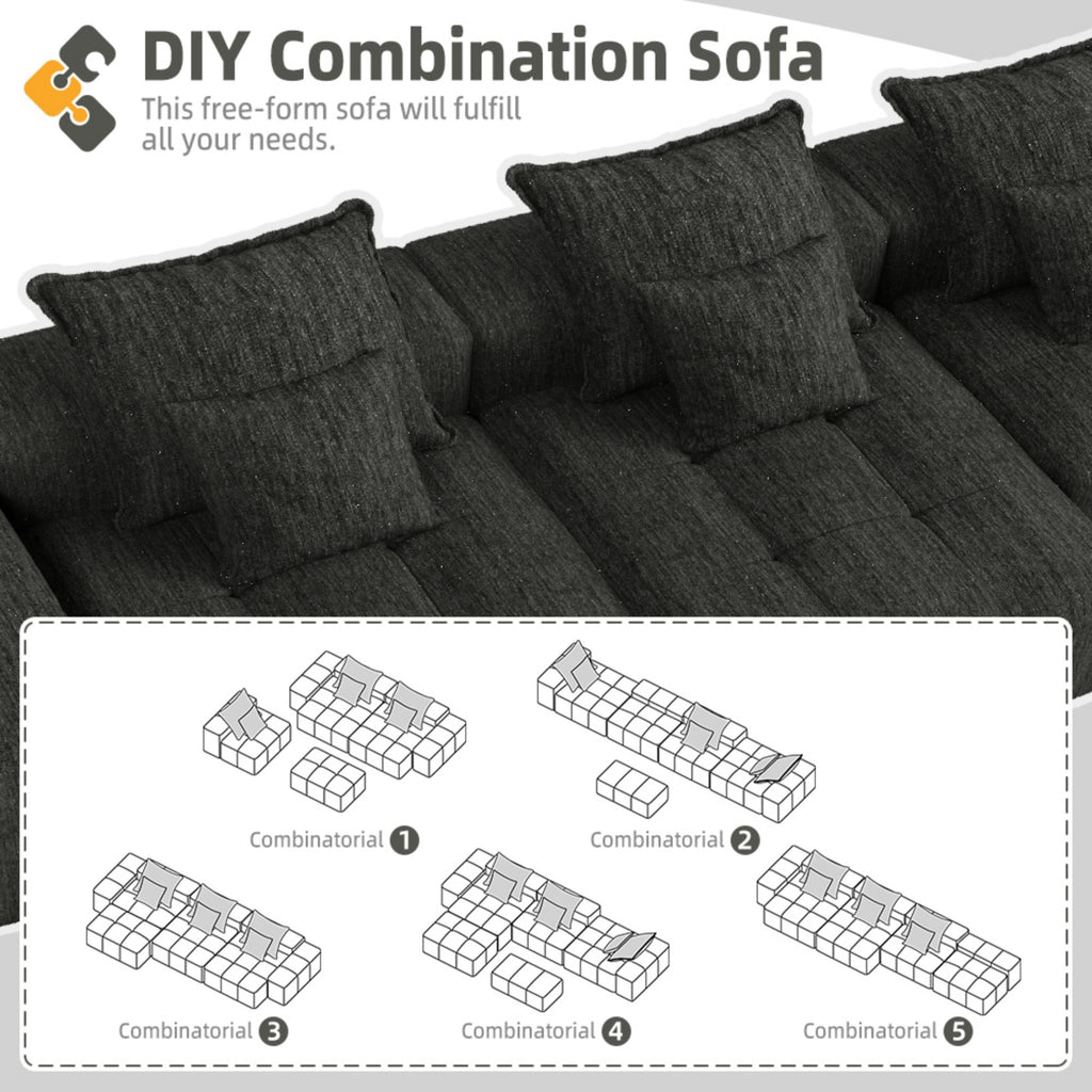 Modern Oversized Modular Sectional Sofa,Sparkling Chenille Fabric Soft Cushion Sofa with 6 Pillows,6 PCS DIY Combination Tufted Sofa,No Assembly Required,BLACK