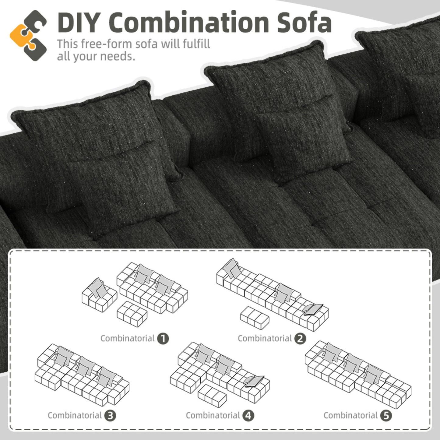 Modern Oversized Modular Sectional Sofa,Sparkling Chenille Fabric Soft Cushion Sofa with 6 Pillows,6 PCS DIY Combination Tufted Sofa,No Assembly Required,BLACK