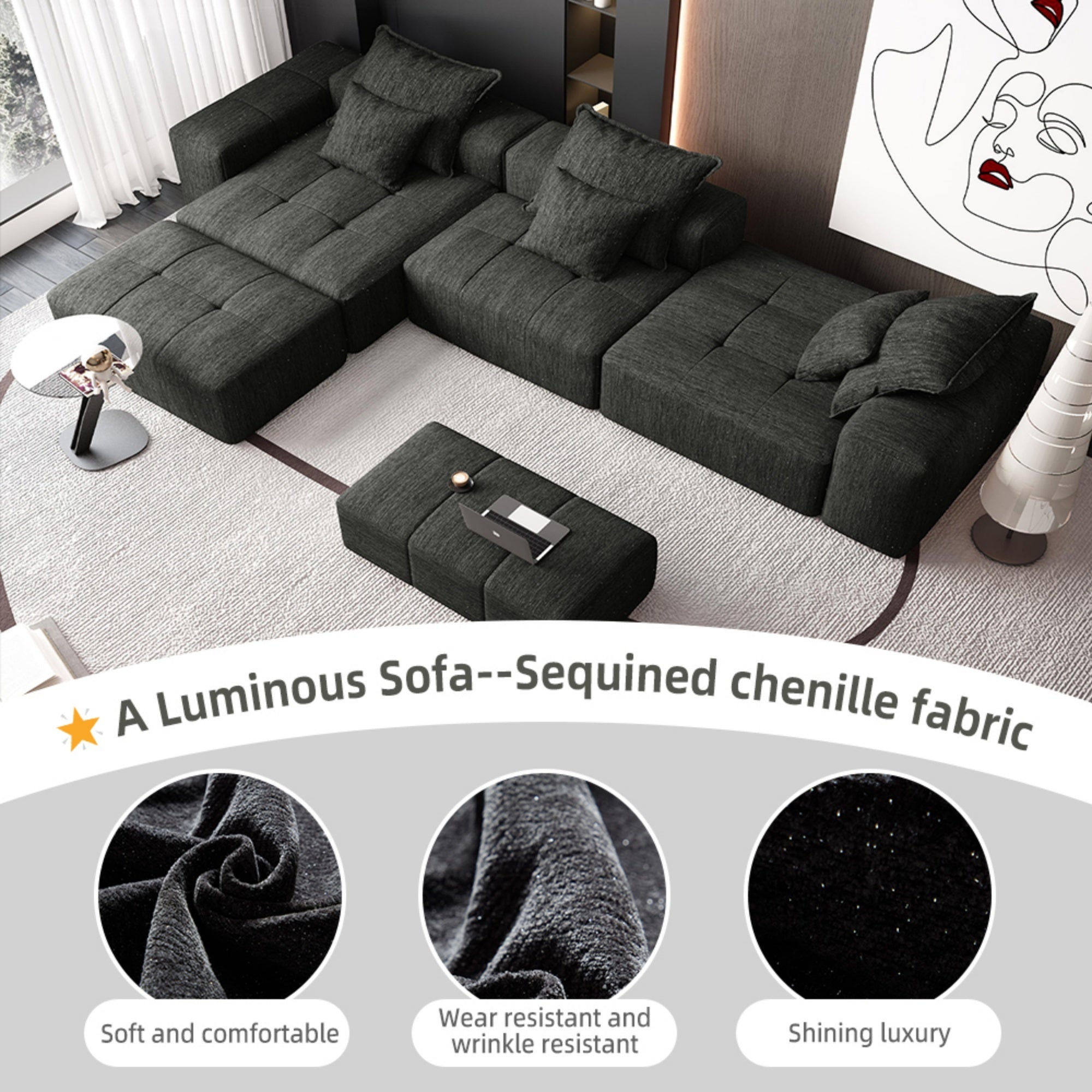 Modern Oversized Modular Sectional Sofa,Sparkling Chenille Fabric Soft Cushion Sofa with 6 Pillows,6 PCS DIY Combination Tufted Sofa,No Assembly Required,BLACK