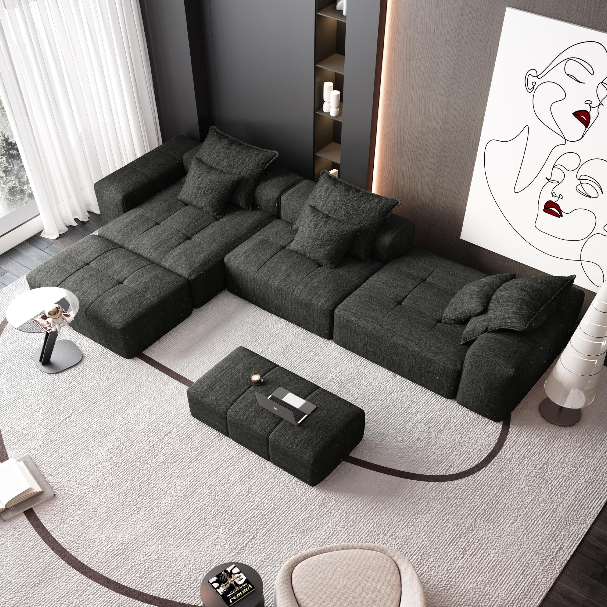 Modern Oversized Modular Sectional Sofa,Sparkling Chenille Fabric Soft Cushion Sofa with 6 Pillows,6 PCS DIY Combination Tufted Sofa,No Assembly Required,BLACK