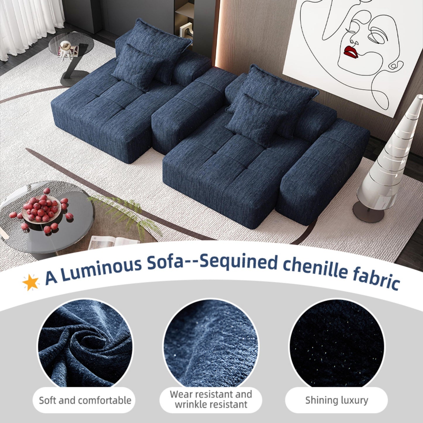 Modern Oversized Modular Sectional Sofa with 2 chaise lounge and 2 armrest,Sparkling Chenille Fabric Soft Cushion Sofa with 4 Pillows,4 PCS DIY Combination Tufted Sofa,No Assembly Required,BLUE
