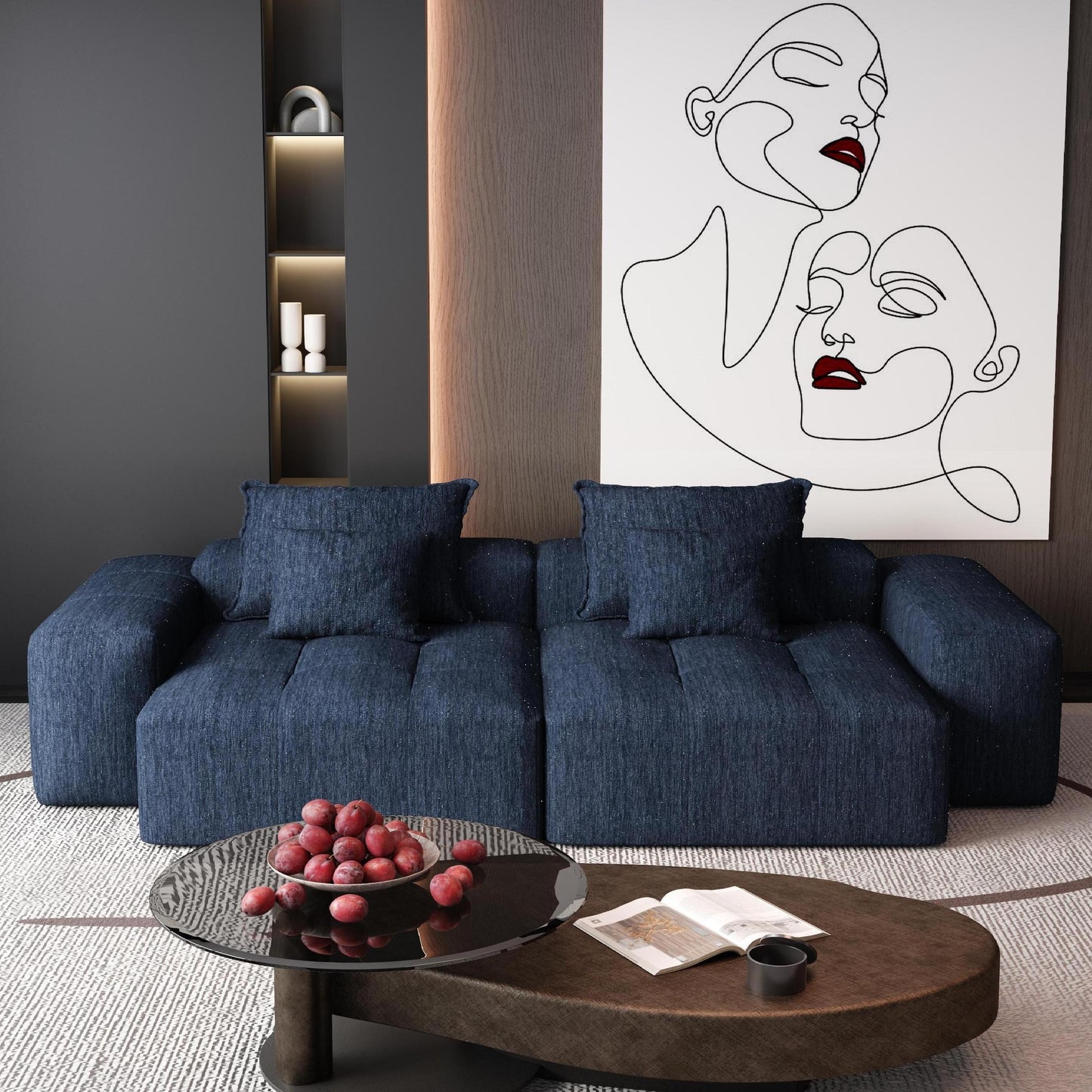 Modern Oversized Modular Sectional Sofa with 2 chaise lounge and 2 armrest,Sparkling Chenille Fabric Soft Cushion Sofa with 4 Pillows,4 PCS DIY Combination Tufted Sofa,No Assembly Required,BLUE