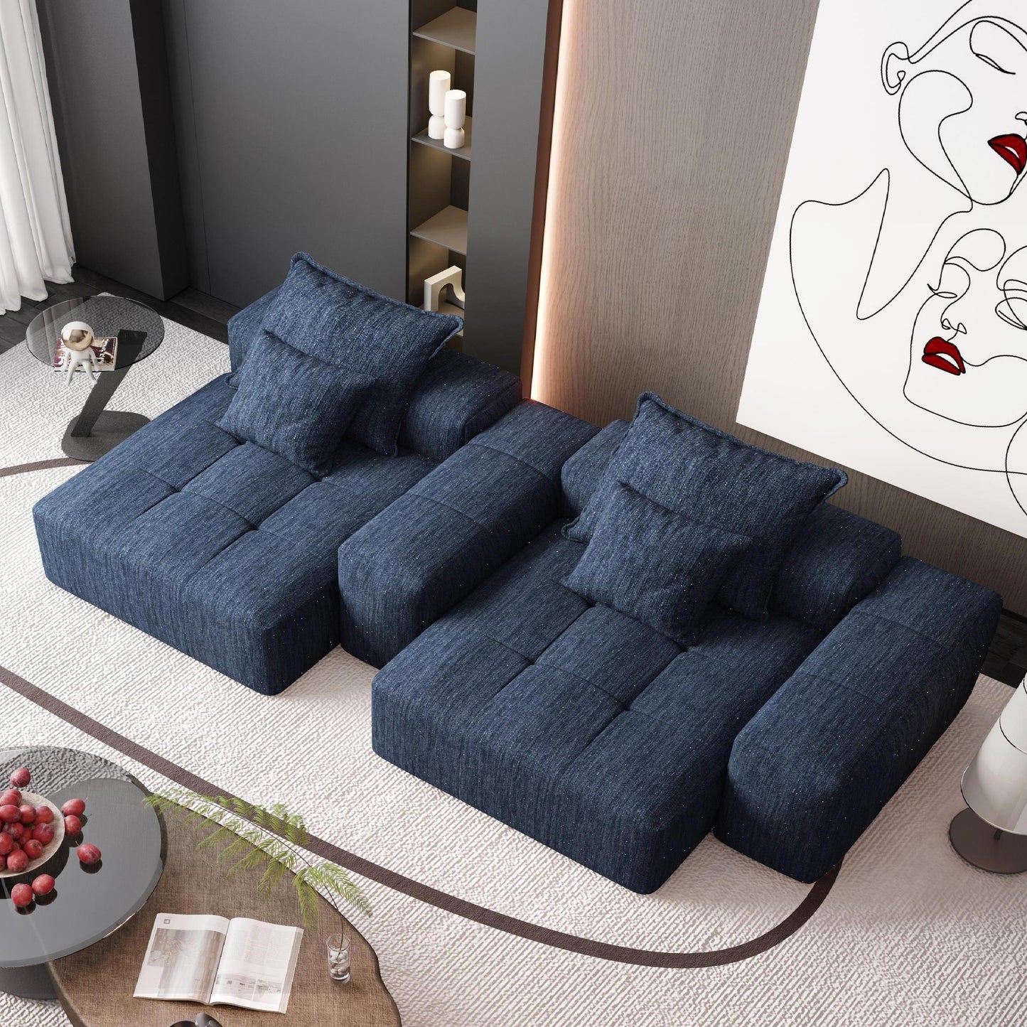 Modern Oversized Modular Sectional Sofa with 2 chaise lounge and 2 armrest,Sparkling Chenille Fabric Soft Cushion Sofa with 4 Pillows,4 PCS DIY Combination Tufted Sofa,No Assembly Required,BLUE