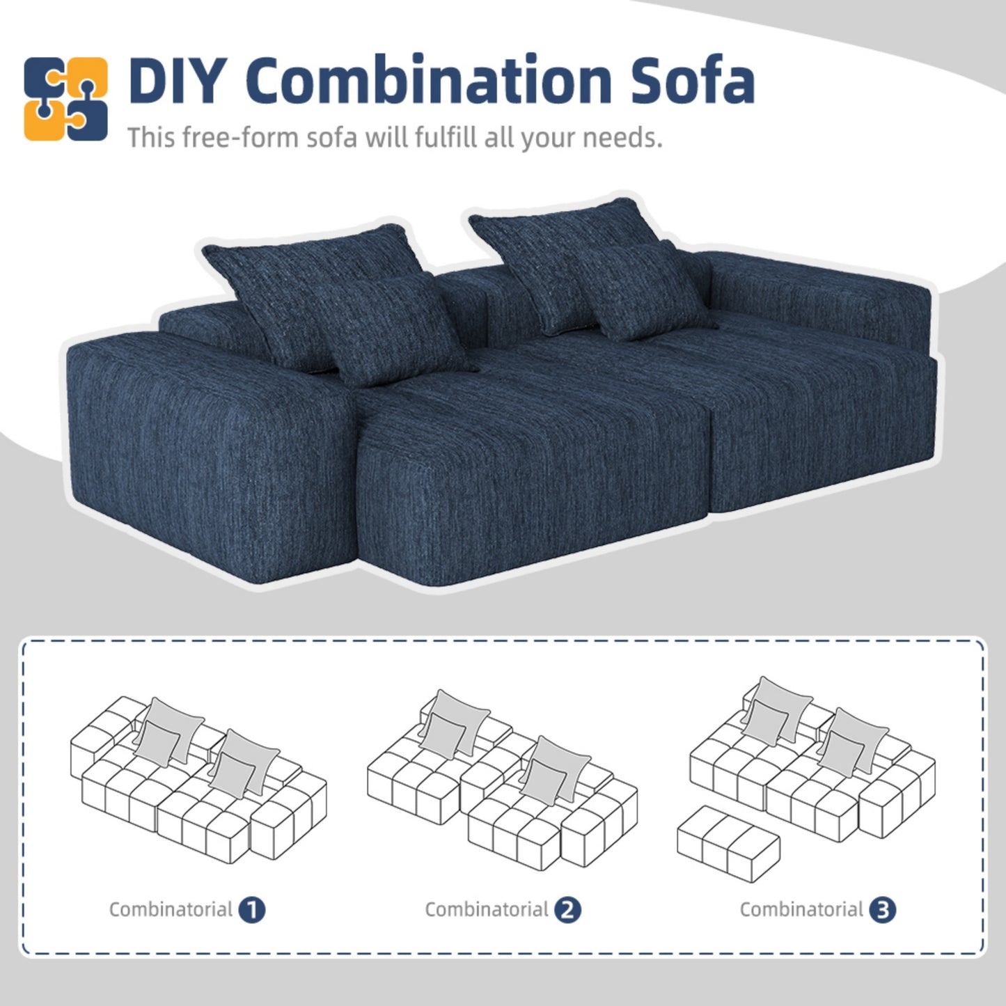 Modern Oversized Modular Sectional Sofa with 2 chaise lounge and 2 armrest,Sparkling Chenille Fabric Soft Cushion Sofa with 4 Pillows,4 PCS DIY Combination Tufted Sofa,No Assembly Required,BLUE