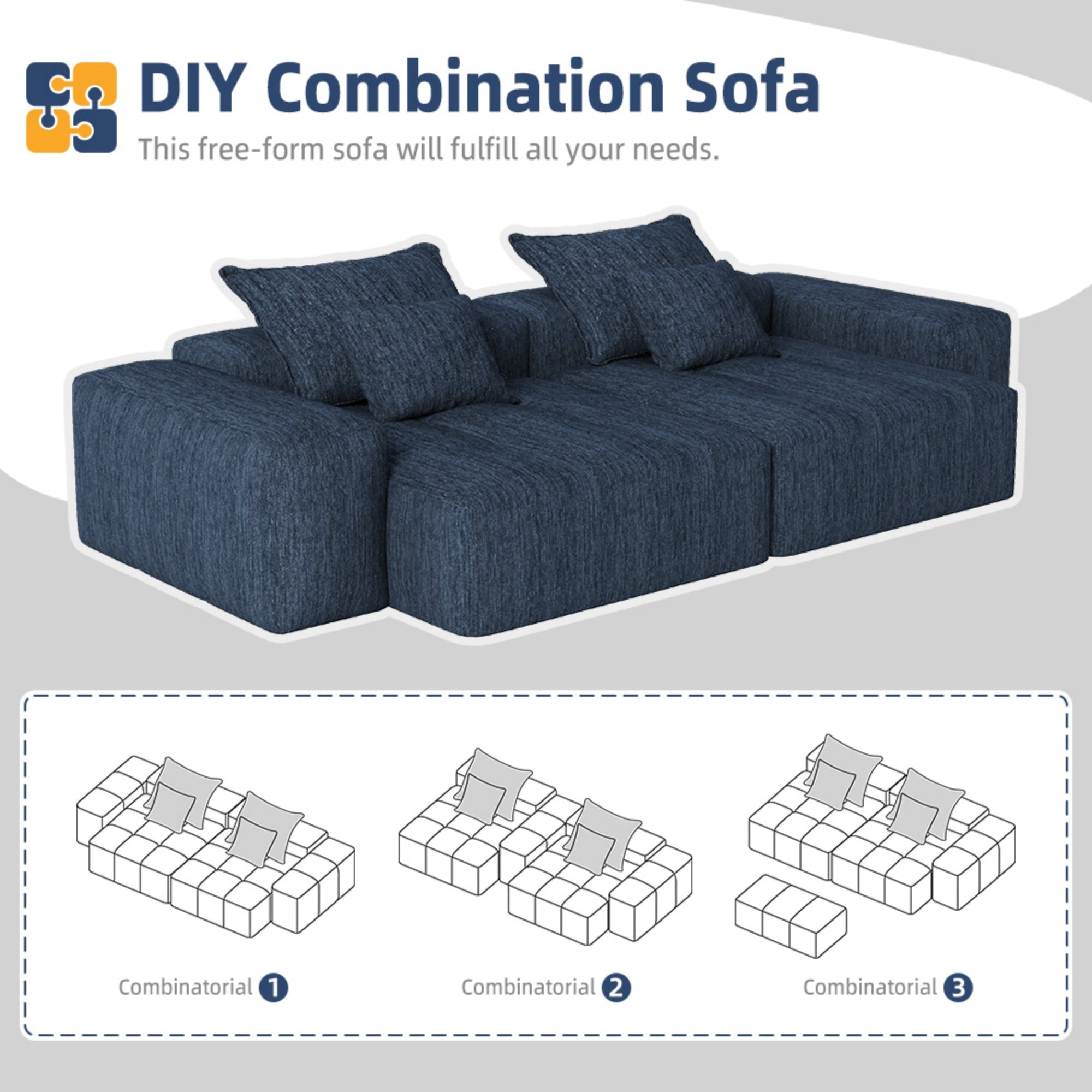 Modern Oversized Modular Sectional Sofa with 2 chaise lounge and 2 armrest,Sparkling Chenille Fabric Soft Cushion Sofa with 4 Pillows,4 PCS DIY Combination Tufted Sofa,No Assembly Required,BLUE