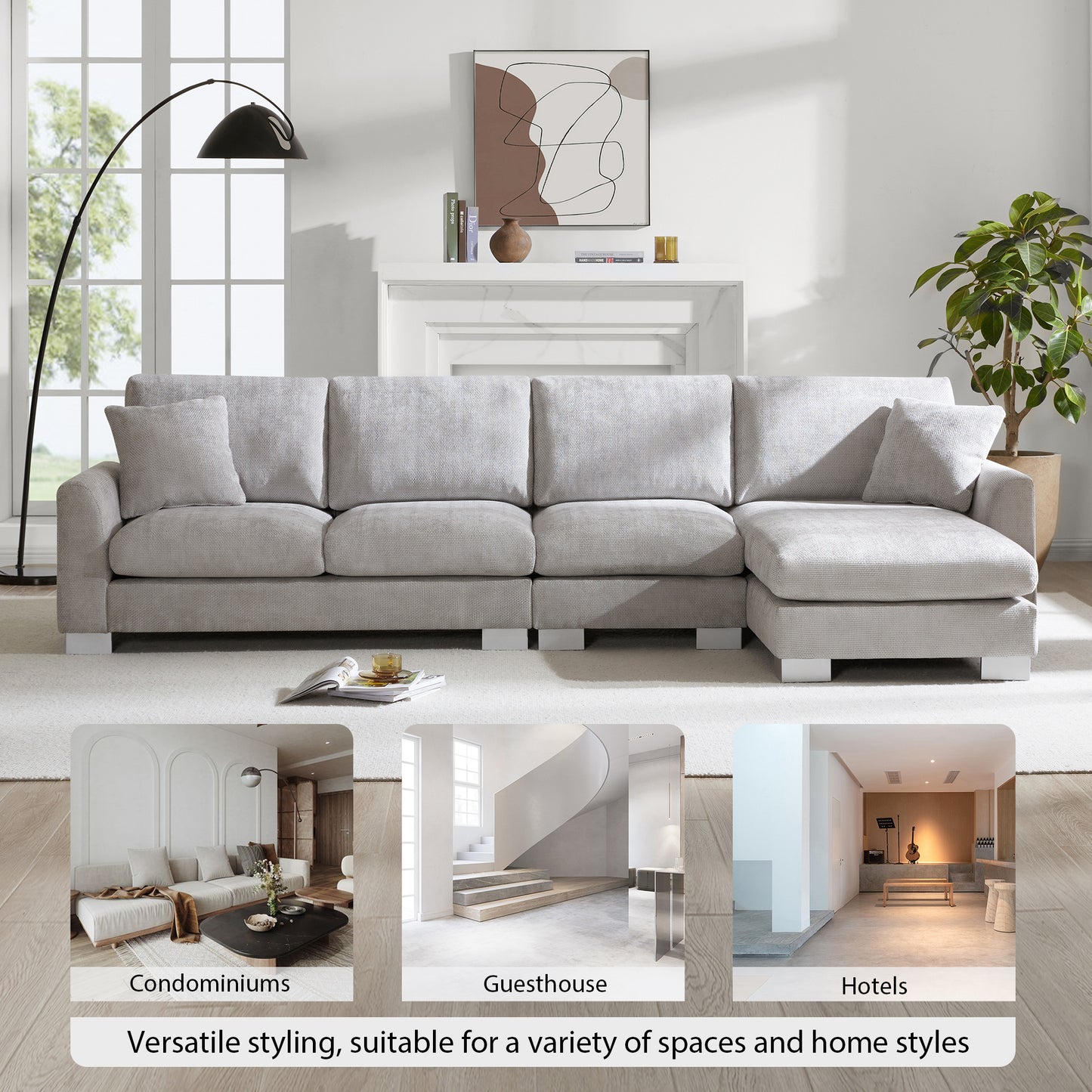 [VIDEO provided] [New] 119*55" Modern Oversized Sectional Sofa,L-shaped Luxury Couch Set with 2 Free pillows,5-seat Chenille Indoor Furniture with Chaise for Living Room,Apartment,Office,2 Colors