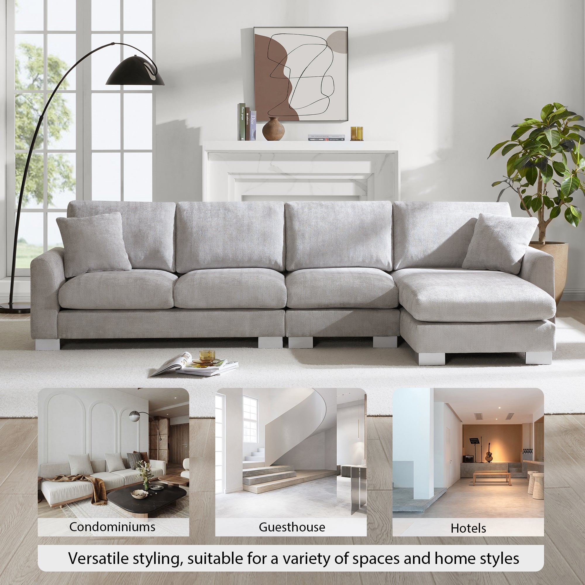 [VIDEO provided] [New] 119*55" Modern Oversized Sectional Sofa,L-shaped Luxury Couch Set with 2 Free pillows,5-seat Chenille Indoor Furniture with Chaise for Living Room,Apartment,Office,2 Colors