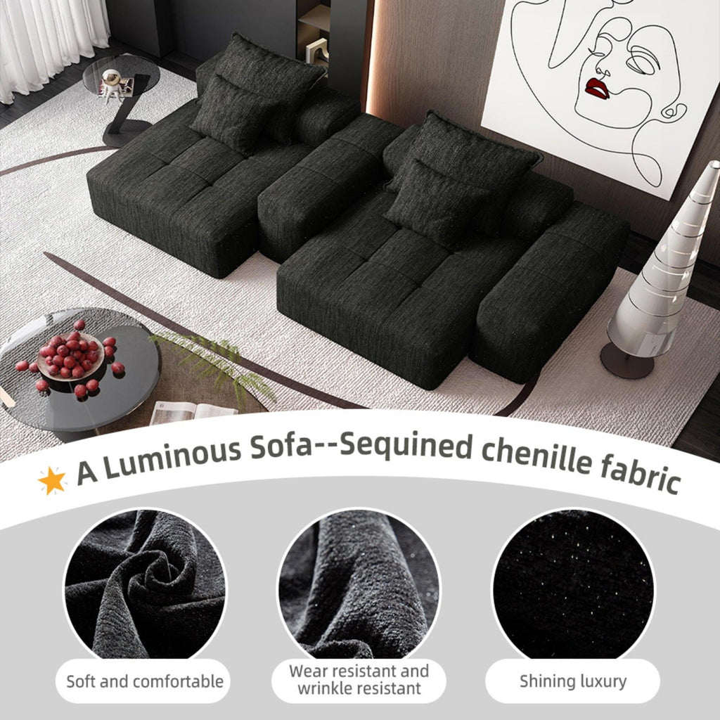 Modern Oversized Modular Sectional Sofa In Black Chenille.