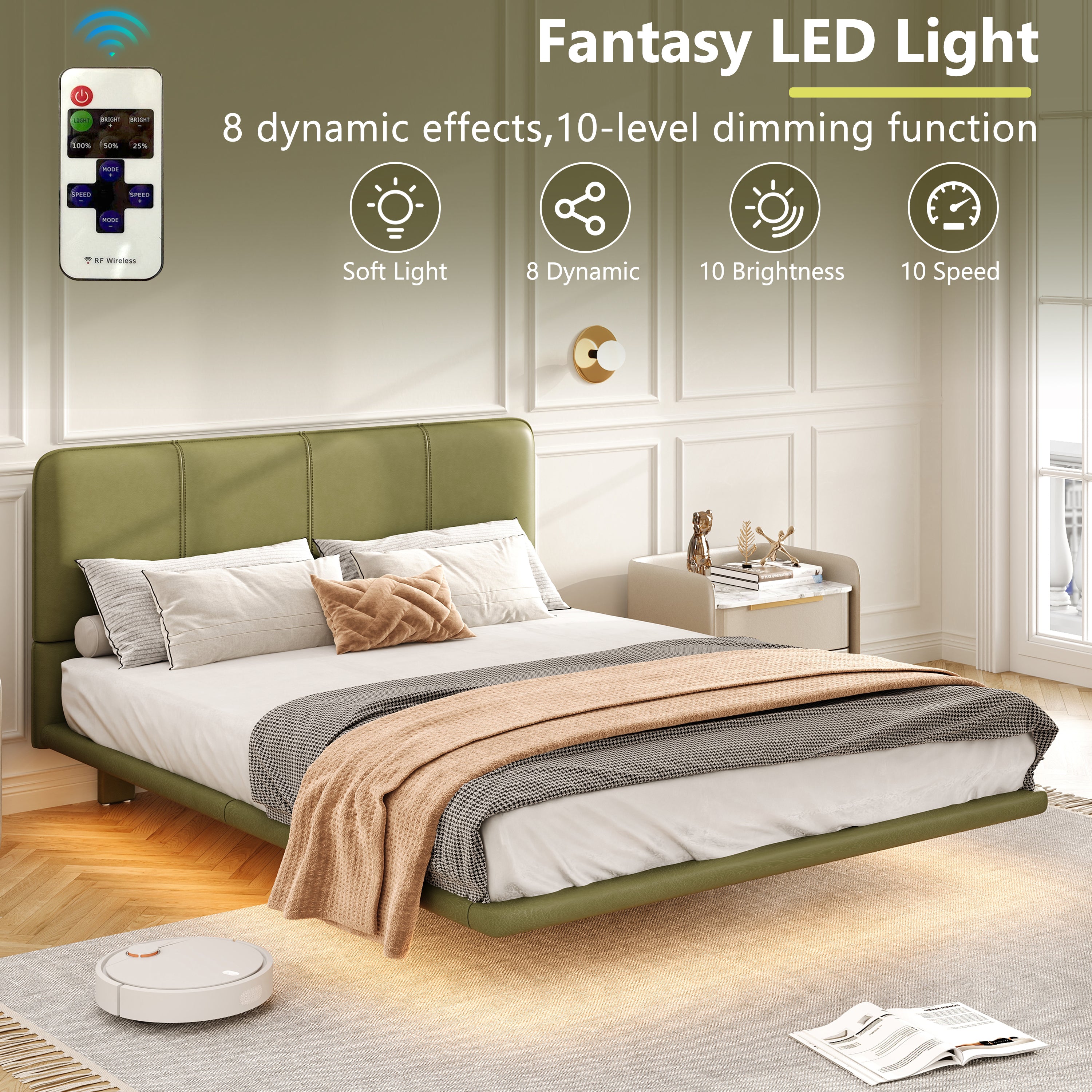 Floating Bed Frame with LED Light, Modern PU Leather Platform Bed, No Boxing Spring Needed, Assemble Easily, Full Size Bed Frame