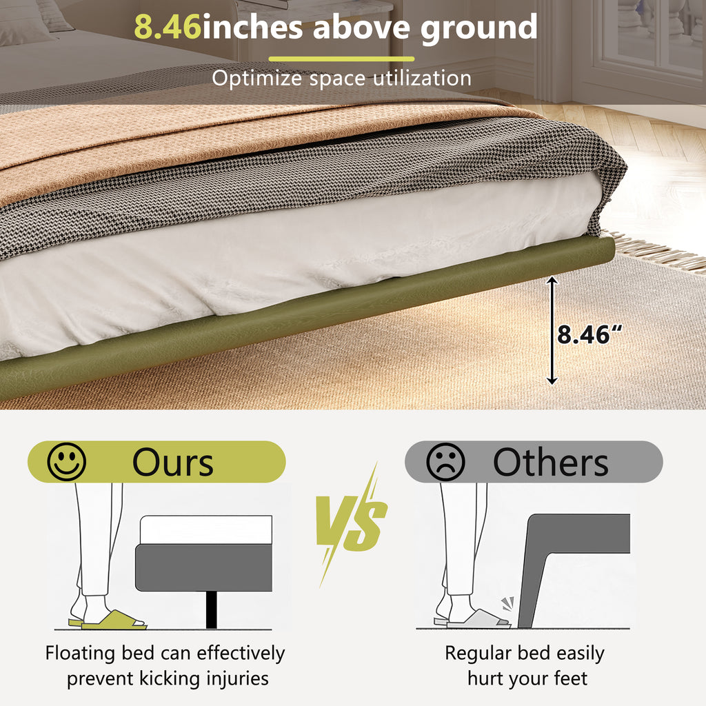 Floating Bed Frame with LED Light, Modern PU Leather Platform Bed, No Boxing Spring Needed, Assemble Easily, Full Size Bed Frame