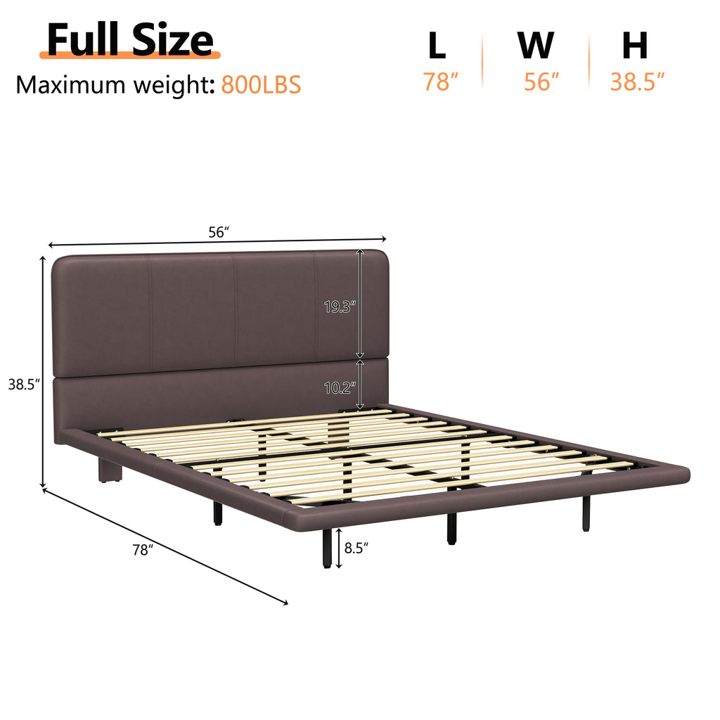 Floating Bed Frame with LED Light, Modern PU Leather Platform Bed, No Boxing Spring Needed, Assemble Easily, Full Size Bed Frame