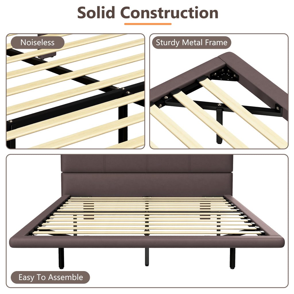 Floating Bed Frame with LED Light, Modern PU Leather Platform Bed, No Boxing Spring Needed, Assemble Easily, Full Size Bed Frame