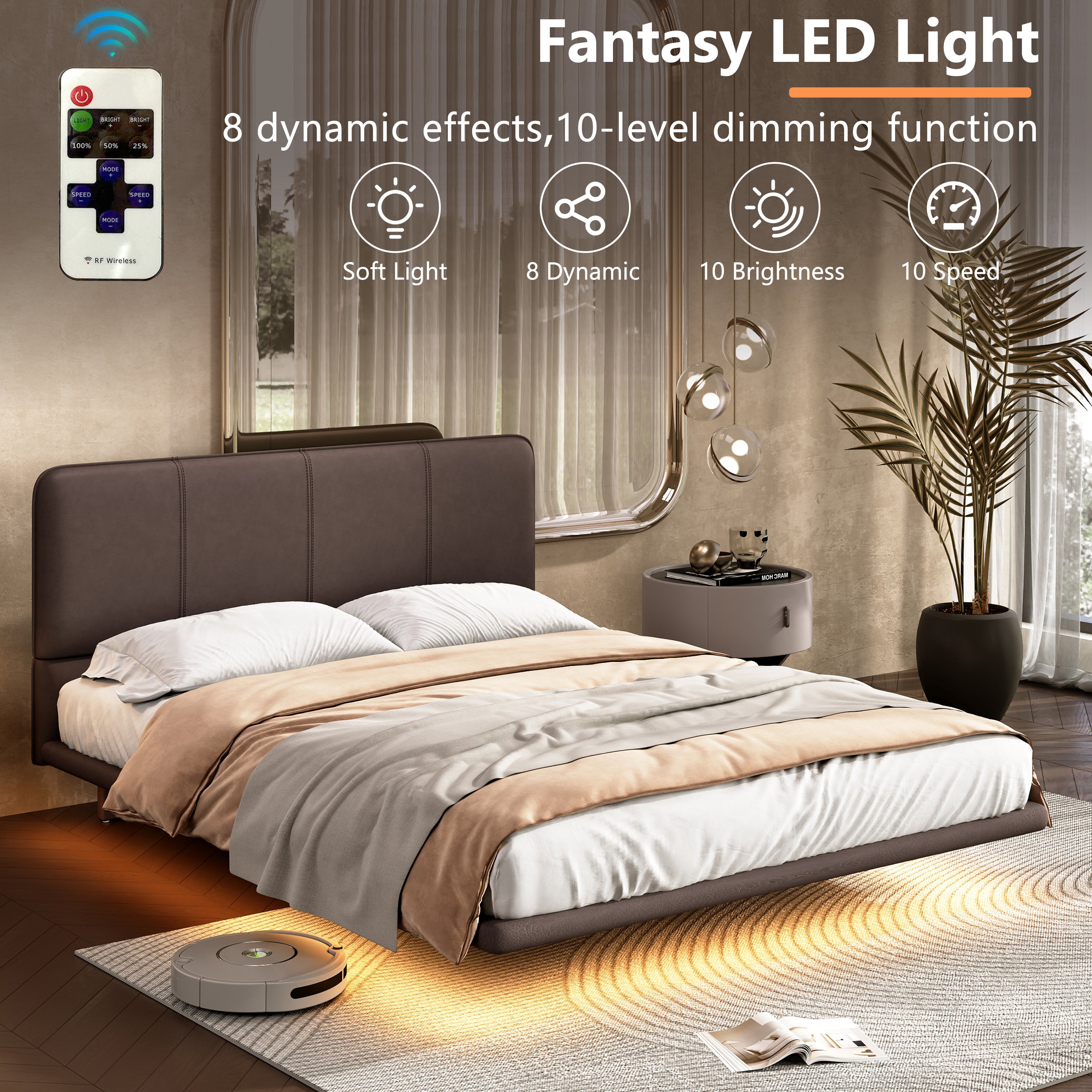 Floating Bed Frame with LED Light, Modern PU Leather Platform Bed, No Boxing Spring Needed, Assemble Easily, Full Size Bed Frame