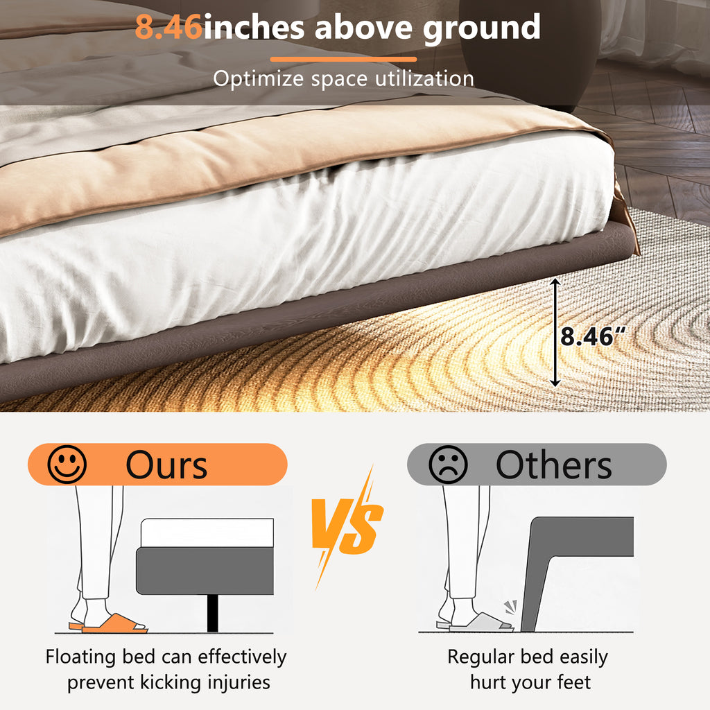 Floating Bed Frame with LED Light, Modern PU Leather Platform Bed, No Boxing Spring Needed, Assemble Easily, Full Size Bed Frame