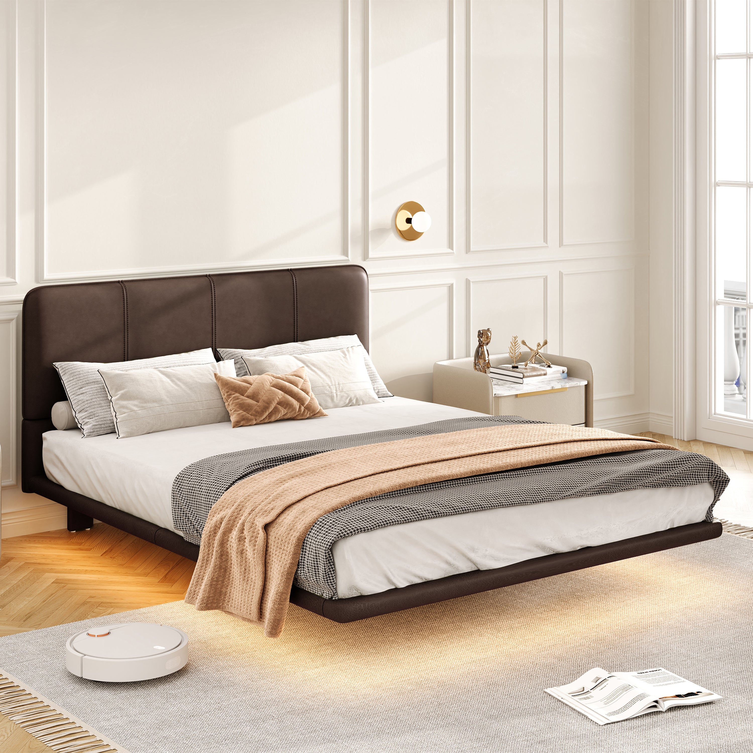 Floating Bed Frame with LED Light, Modern PU Leather Platform Bed, No Boxing Spring Needed, Assemble Easily, Full Size Bed Frame