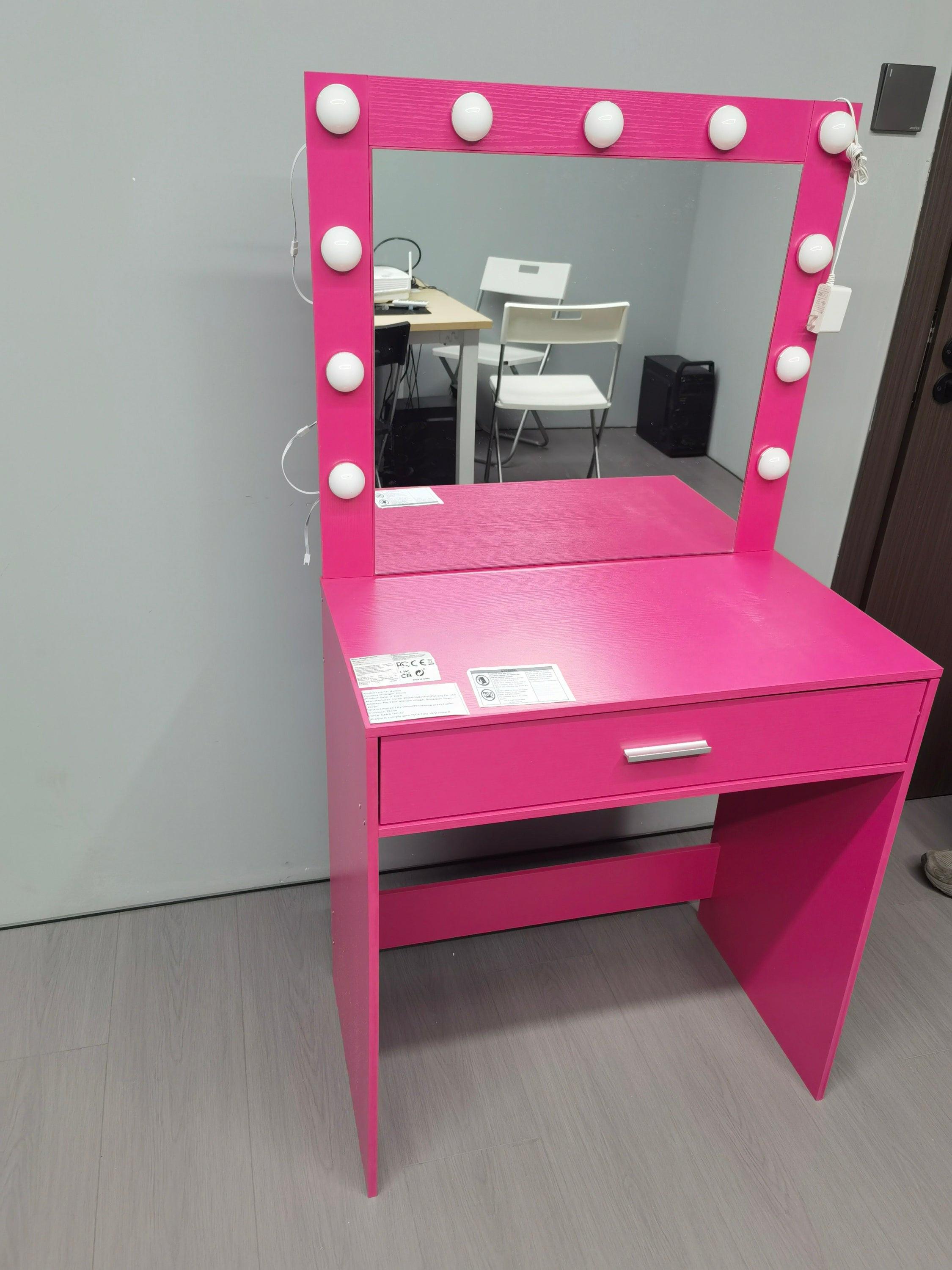 Modern Pink Vanity Desk with Mirror, Lights and Drawer.