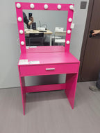 Modern Pink Vanity Desk with Mirror, Lights and Drawer.