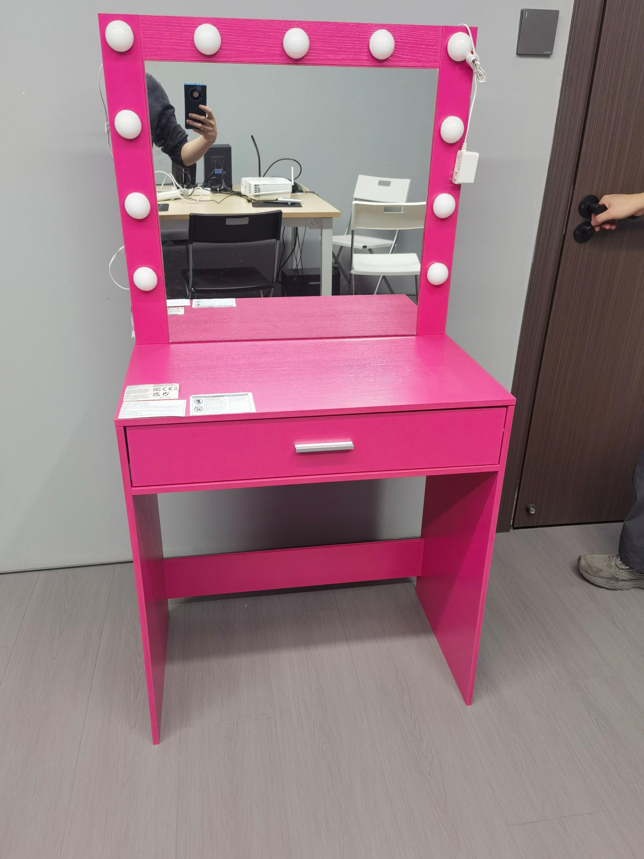 Modern Pink Vanity Desk with Mirror, Lights and Drawer.