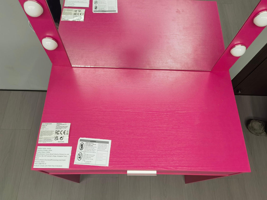 Modern Pink Vanity Desk with Mirror, Lights and Drawer.