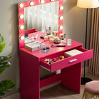 Modern Pink Vanity Desk with Mirror, Lights and Drawer.