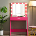 Modern Pink Vanity Desk with Mirror, Lights and Drawer.