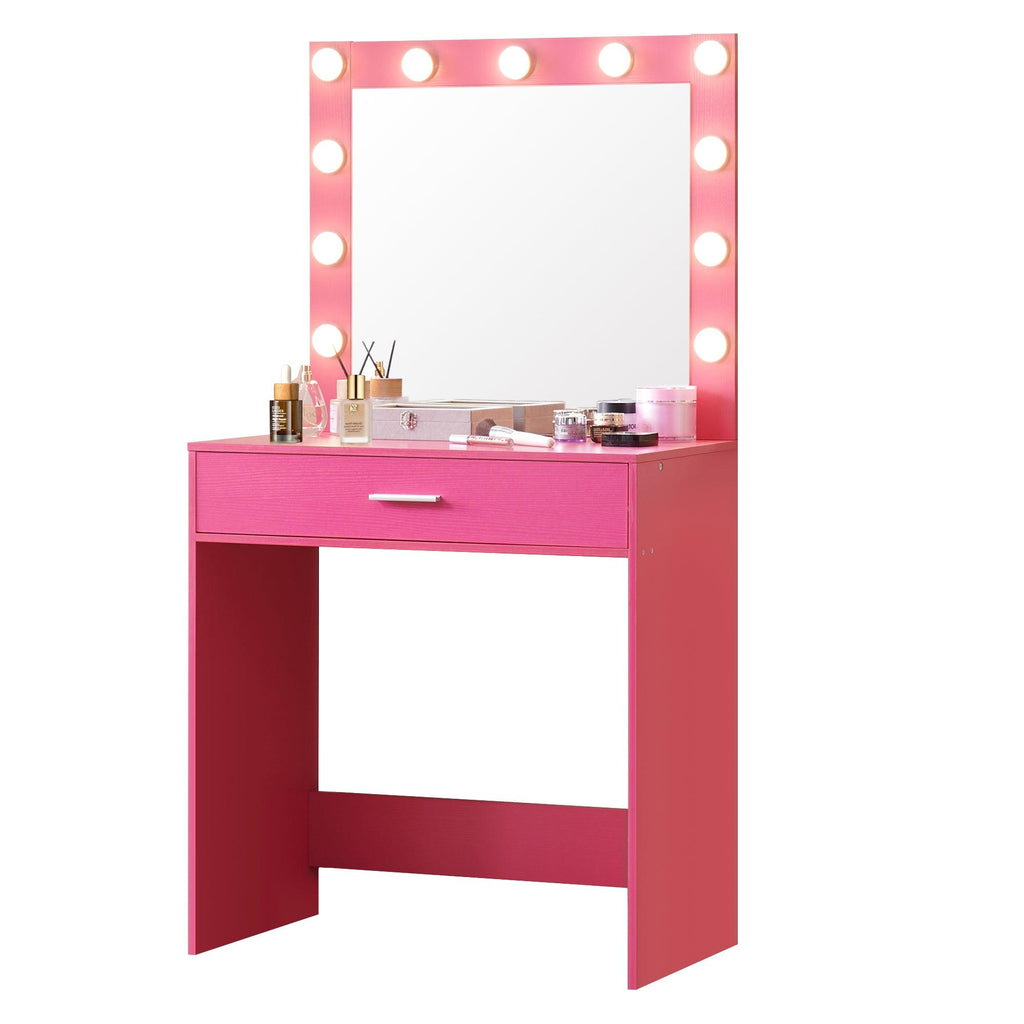 Modern Pink Vanity Desk with Mirror, Lights and Drawer.