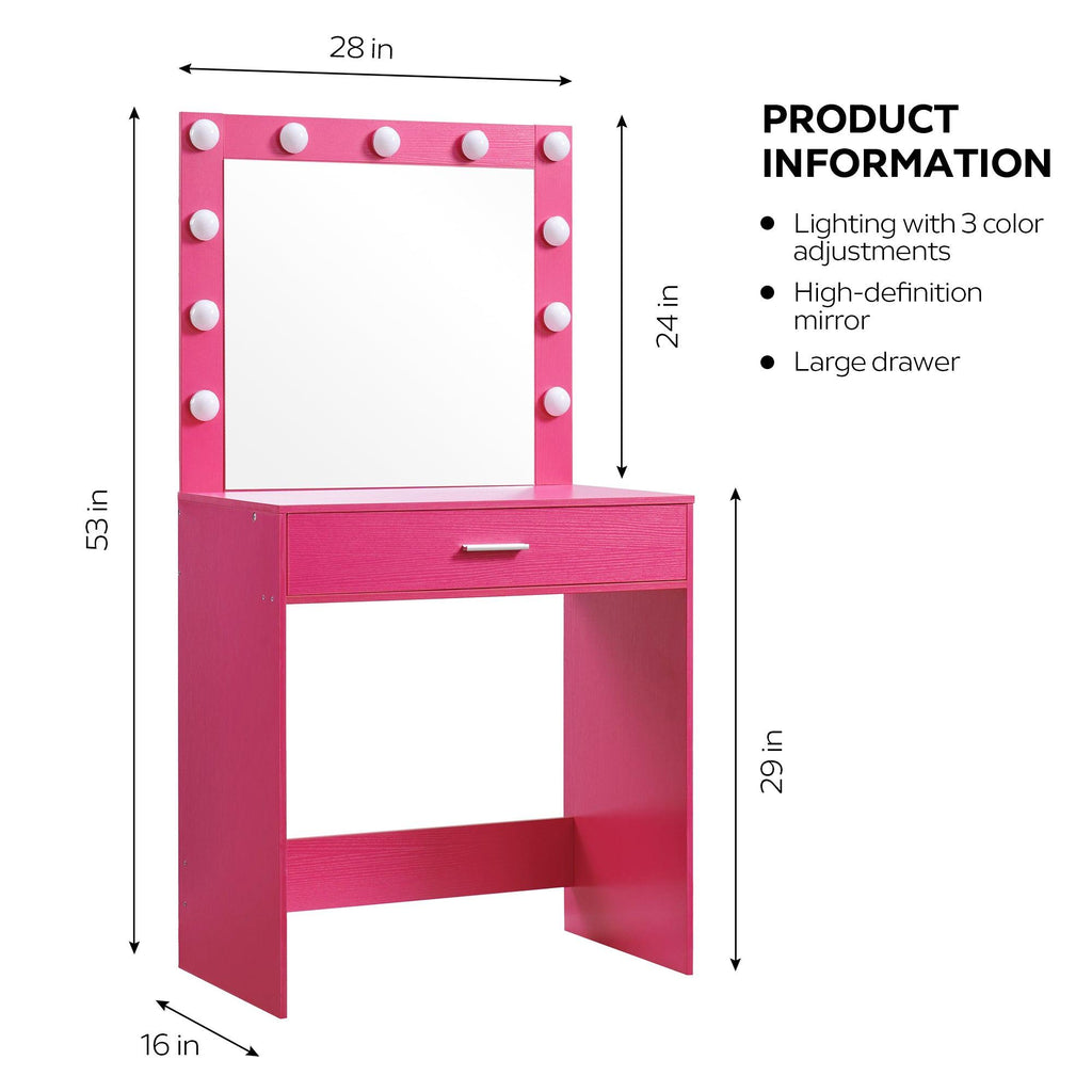 Modern Pink Vanity Desk with Mirror, Lights and Drawer.