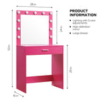Modern Pink Vanity Desk with Mirror, Lights and Drawer.
