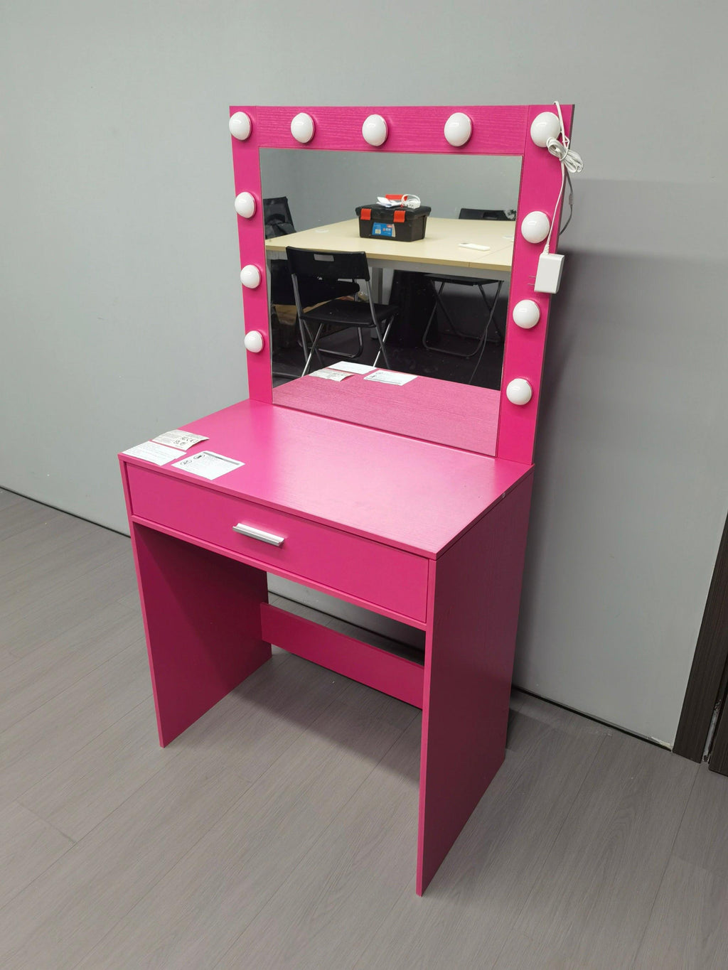 Modern Pink Vanity Desk with Mirror, Lights and Drawer.