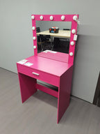 Modern Pink Vanity Desk with Mirror, Lights and Drawer.