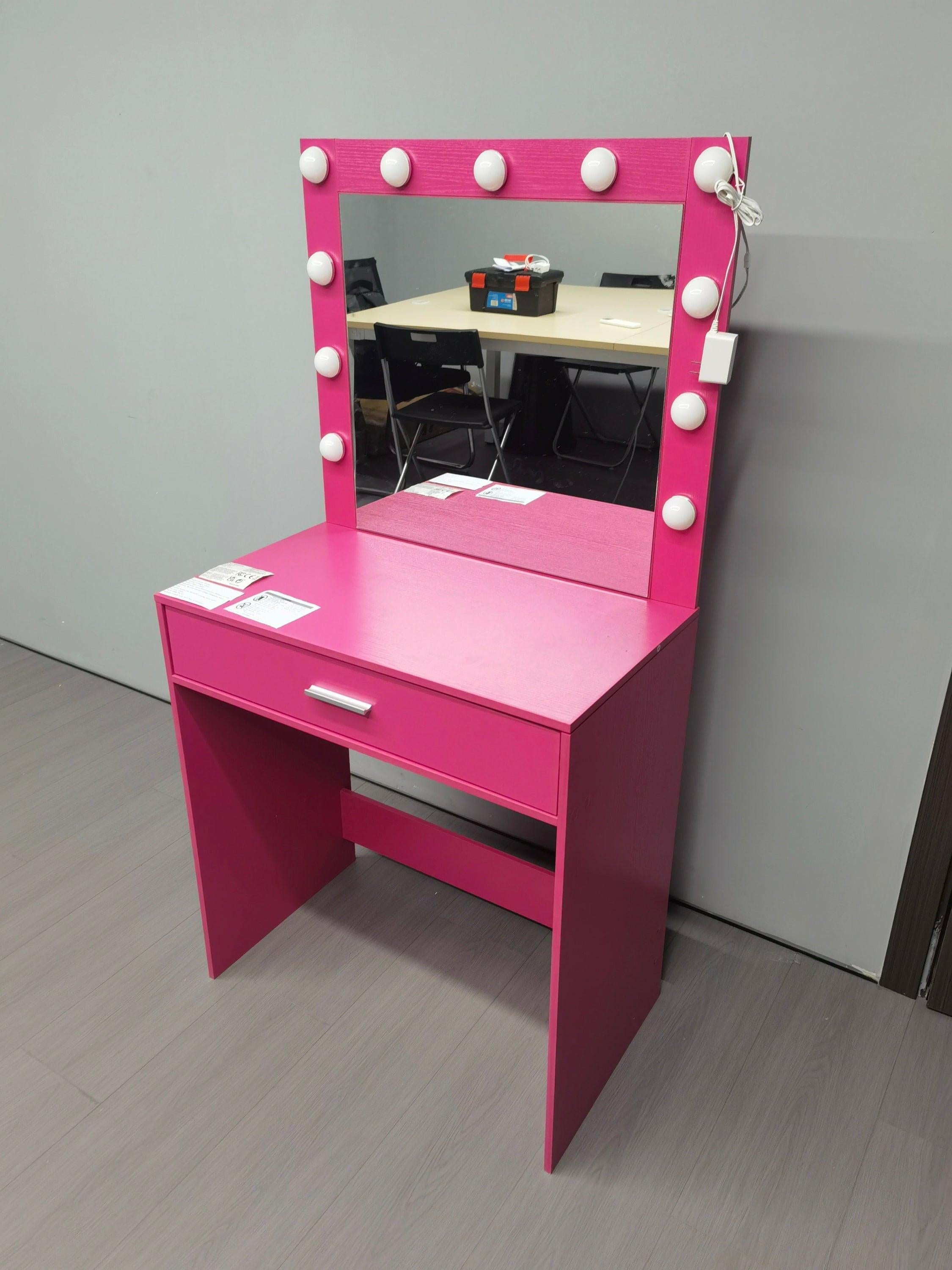 Modern Pink Vanity Desk with Mirror, Lights and Drawer.