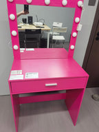 Modern Pink Vanity Desk with Mirror, Lights and Drawer.
