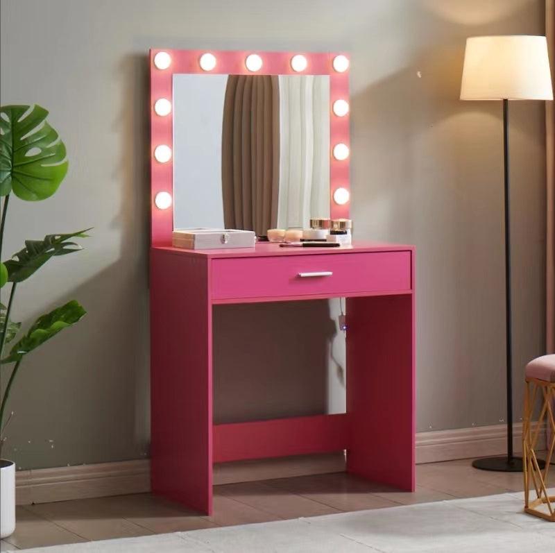 Modern Pink Vanity Desk with Mirror, Lights and Drawer.