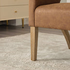 Modern Upholstered PU Open Back Accent Armchair Barrel Dining Chair with Weathered Rubberwood Legs, Hollow-Out Side Club Chair for Living Room Bedroom Restaurant Cafes Dining Room Reception,Brown