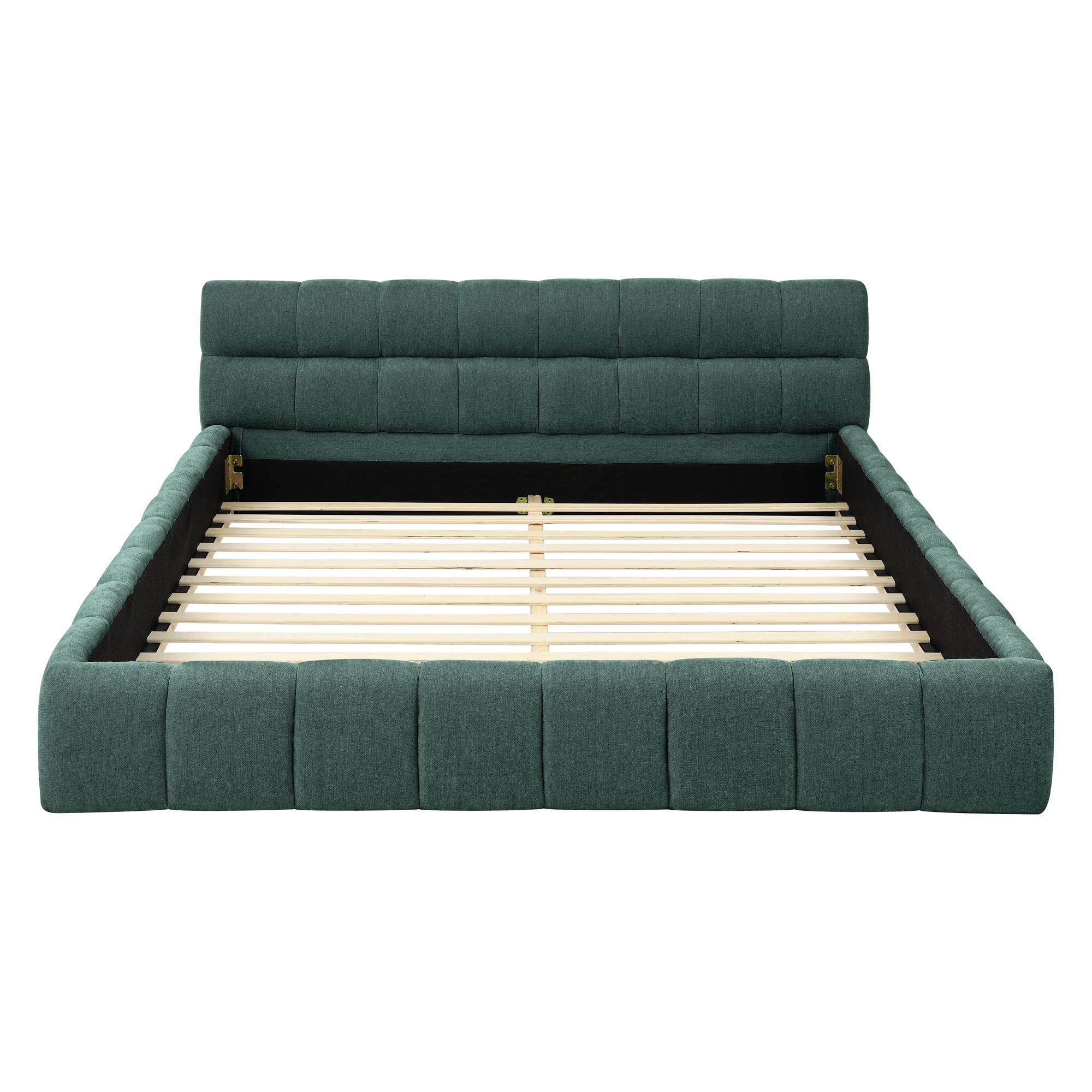 Modern Queen Size Upholstered Bed Frame with Headboard, Blue-Green Chenille Fabric, 68''*86.5''*23.5''