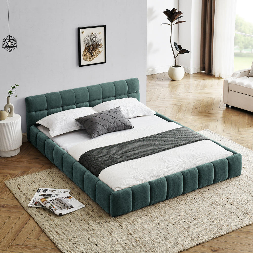 Modern Queen Size Upholstered Bed Frame with Headboard, Blue-Green Chenille Fabric, 68''*86.5''*23.5''