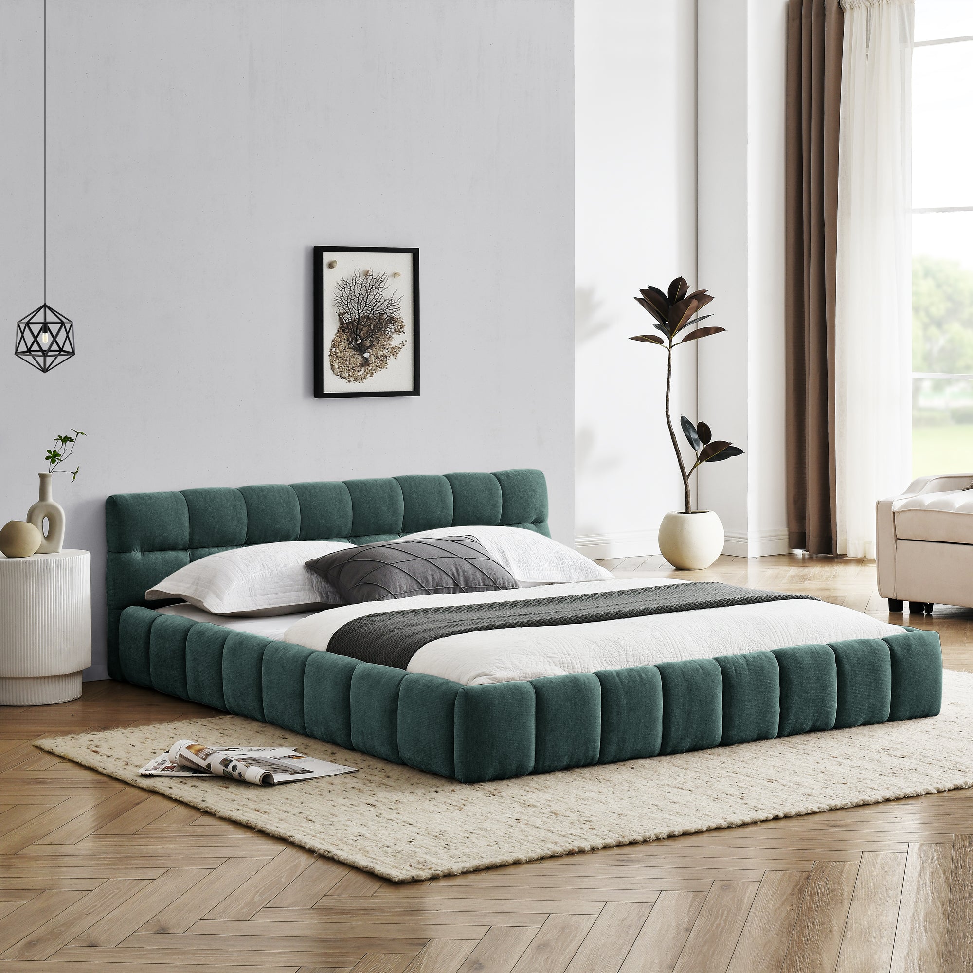 Modern Queen Size Upholstered Bed Frame with Headboard, Blue-Green Chenille Fabric, 68''*86.5''*23.5''