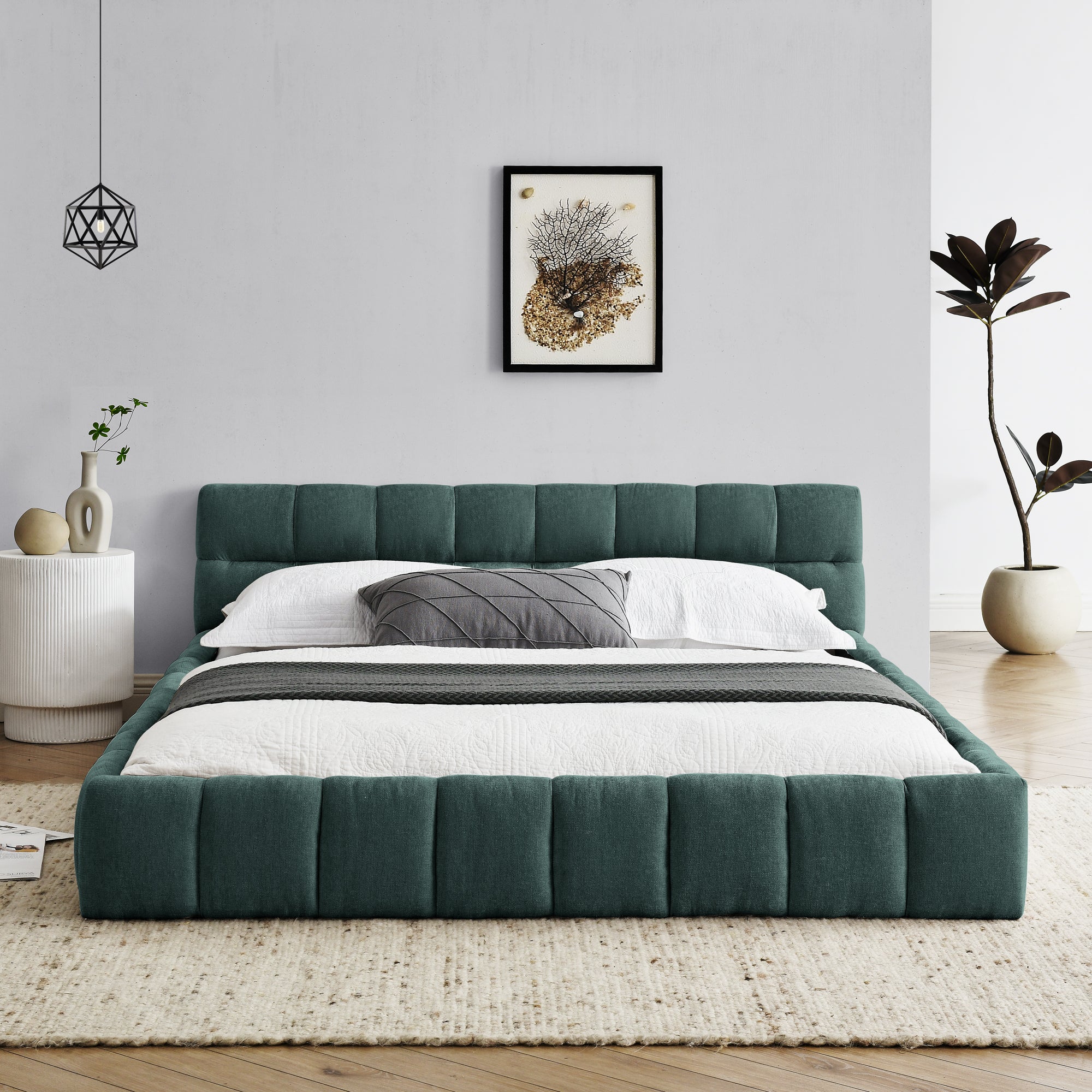 Modern Queen Size Upholstered Bed Frame with Headboard, Blue-Green Chenille Fabric, 68''*86.5''*23.5''