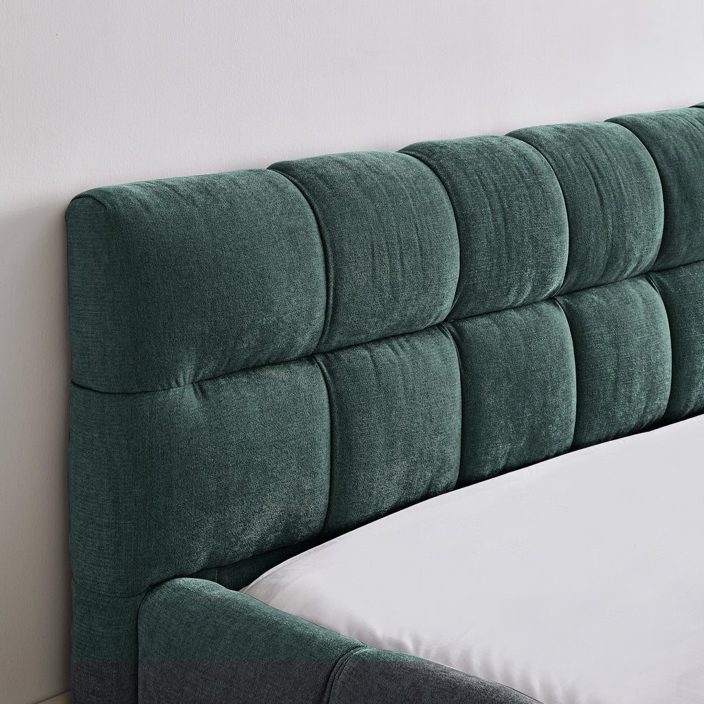 Modern Queen Size Upholstered Bed Frame with Headboard, Blue-Green Chenille Fabric, 68''*86.5''*23.5''
