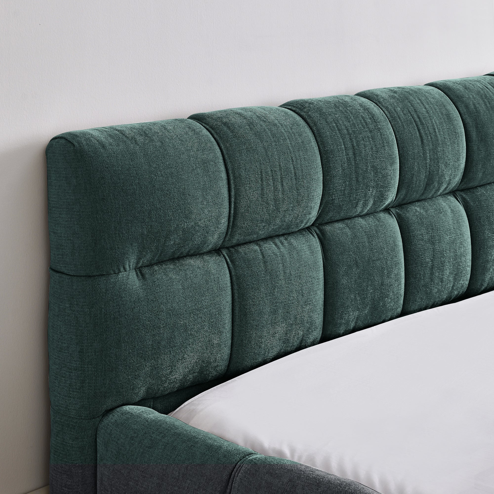 Modern Queen Size Upholstered Bed Frame with Headboard, Blue-Green Chenille Fabric, 68''*86.5''*23.5''
