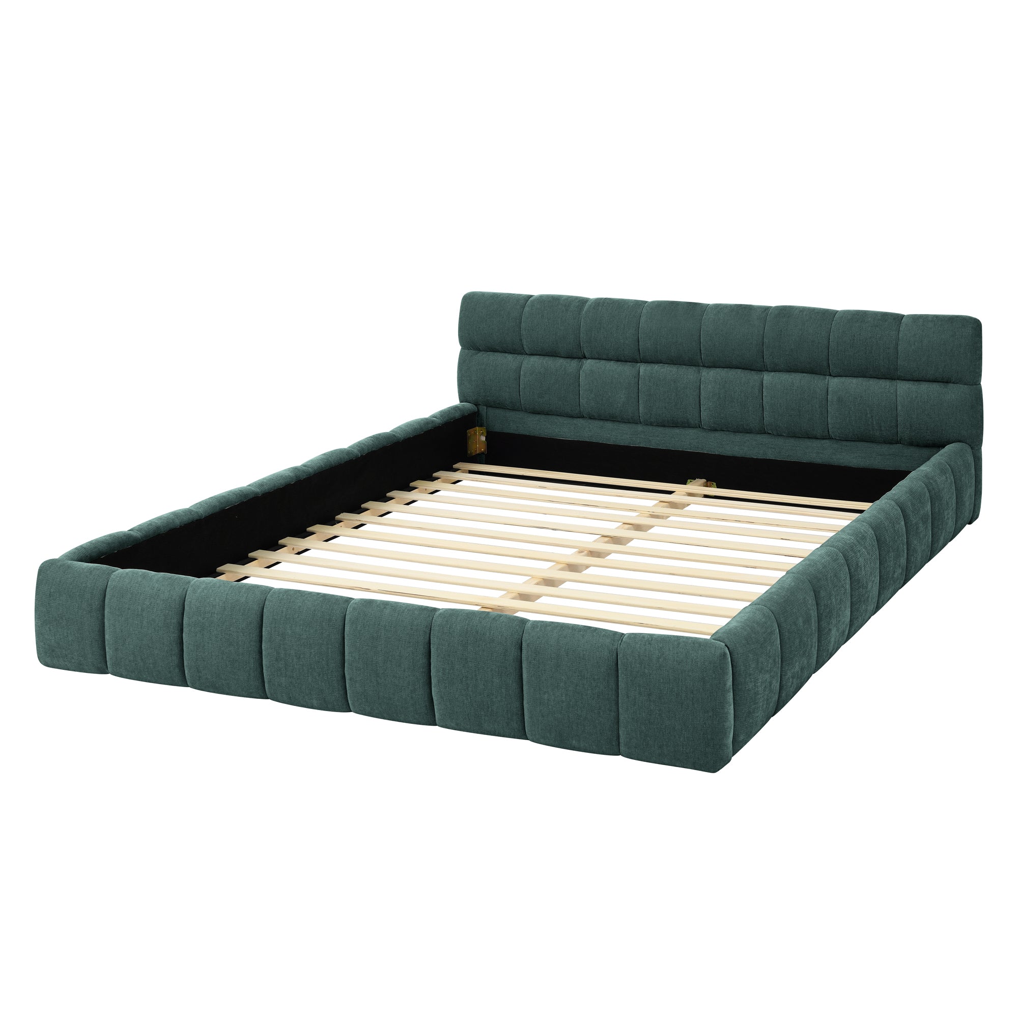 Modern Queen Size Upholstered Bed Frame with Headboard, Blue-Green Chenille Fabric, 68''*86.5''*23.5''