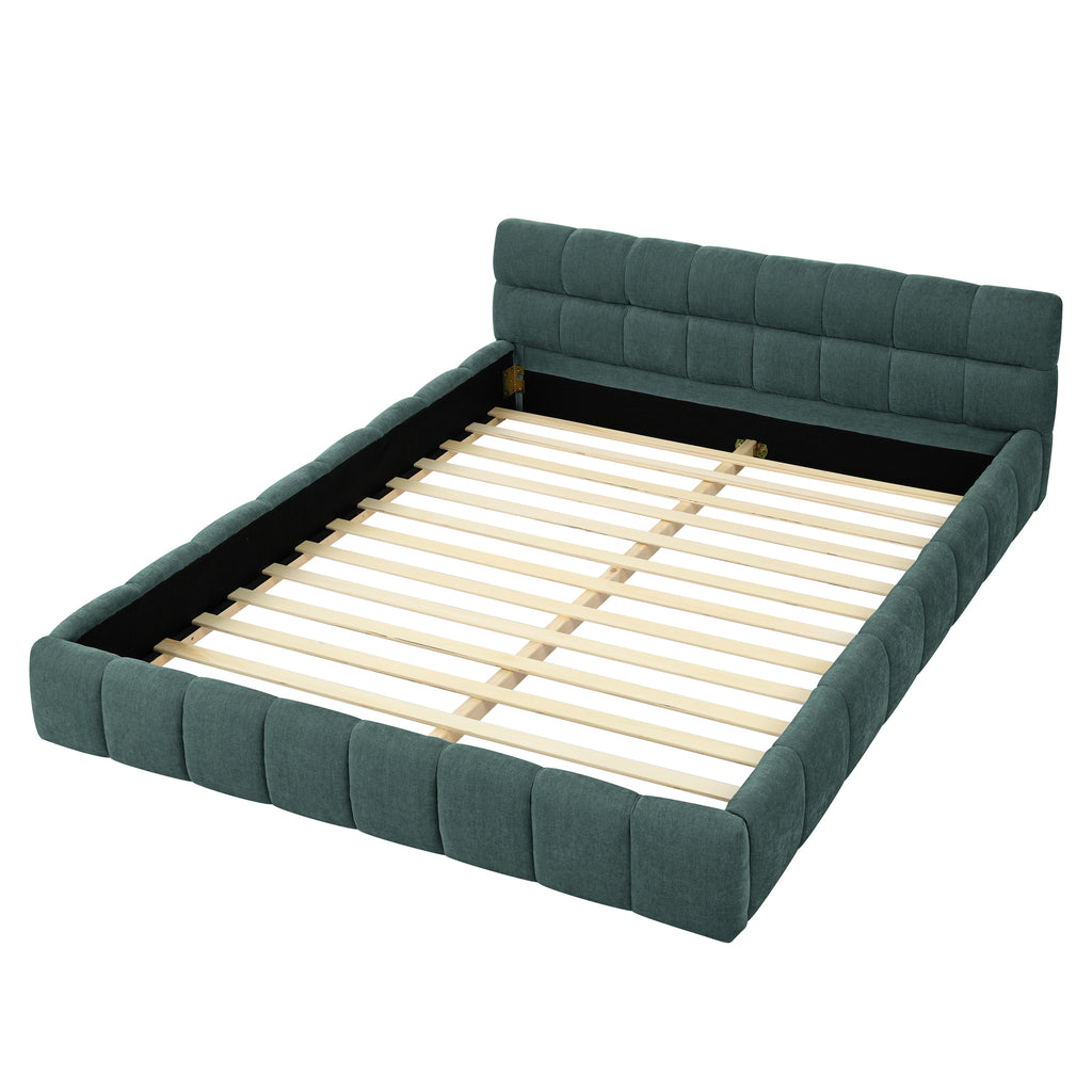 Modern Queen Size Upholstered Bed Frame with Headboard, Blue-Green Chenille Fabric, 68''*86.5''*23.5''