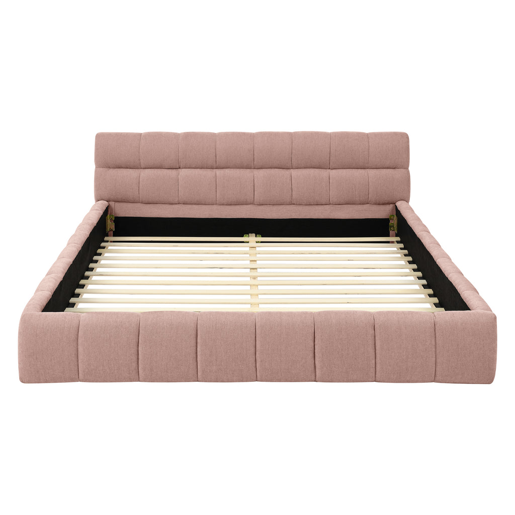 Modern Upholstered Queen Size Bed Frame with Thick Chenille Fabric, Pink, No Box Spring Needed