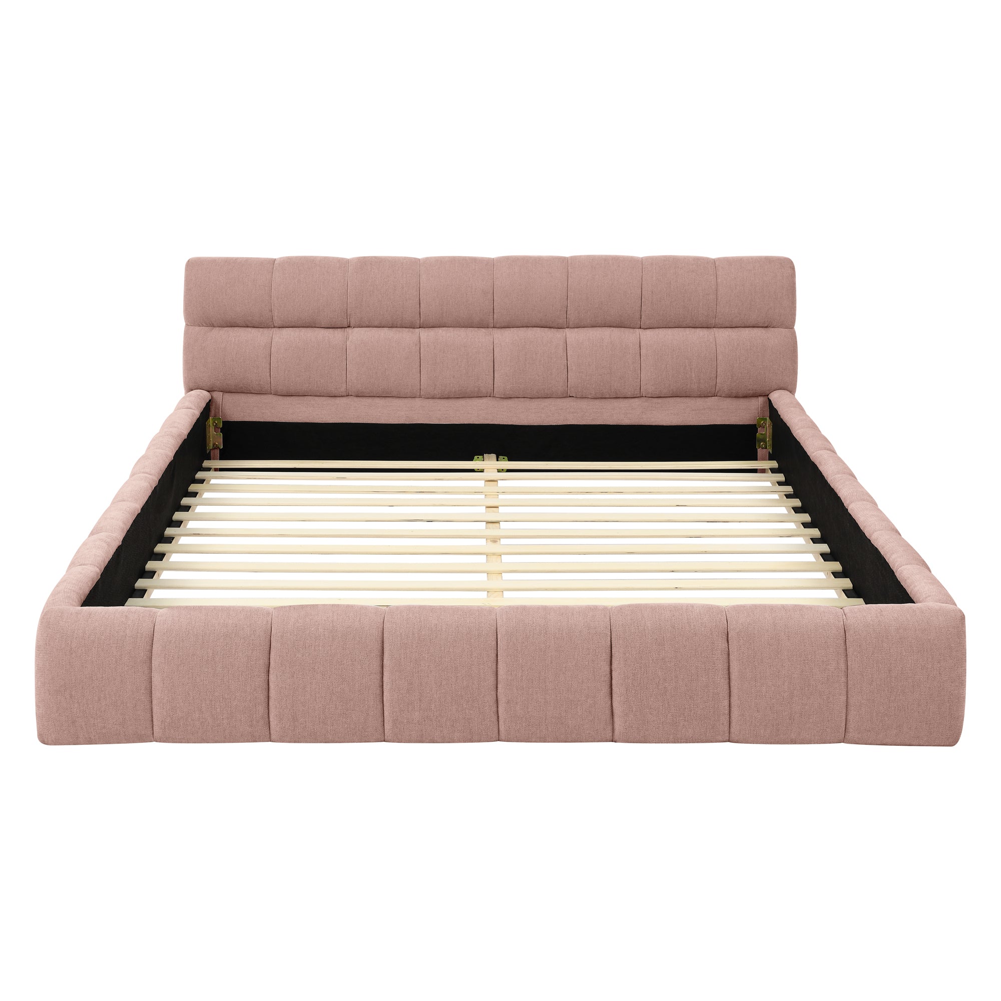 Modern Upholstered Queen Size Bed Frame with Thick Chenille Fabric, Pink, No Box Spring Needed