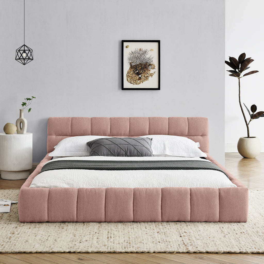 Modern Upholstered Queen Size Bed Frame with Thick Chenille Fabric, Pink, No Box Spring Needed