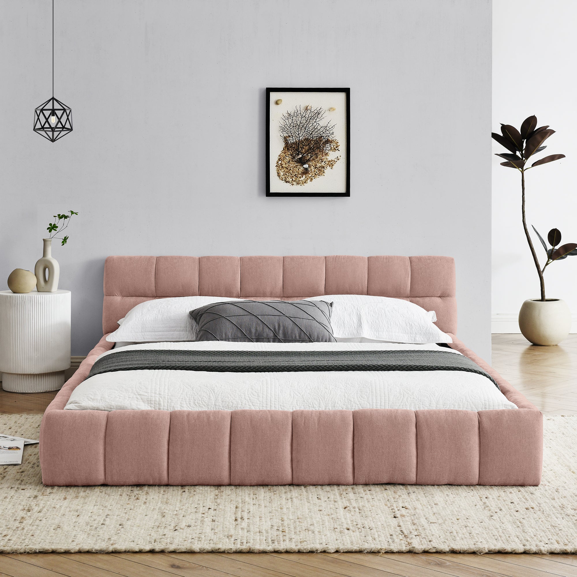 Modern Upholstered Queen Size Bed Frame with Thick Chenille Fabric, Pink, No Box Spring Needed