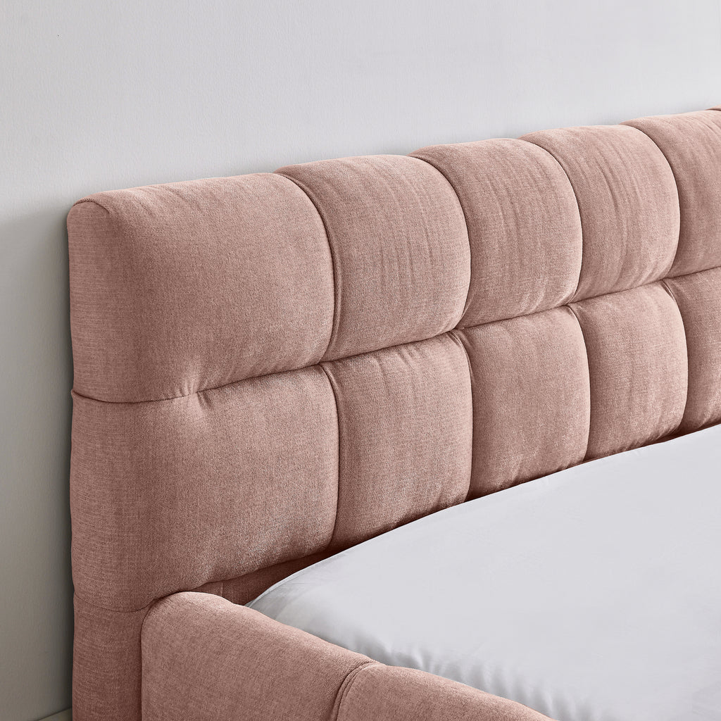 Modern Upholstered Queen Size Bed Frame with Thick Chenille Fabric, Pink, No Box Spring Needed