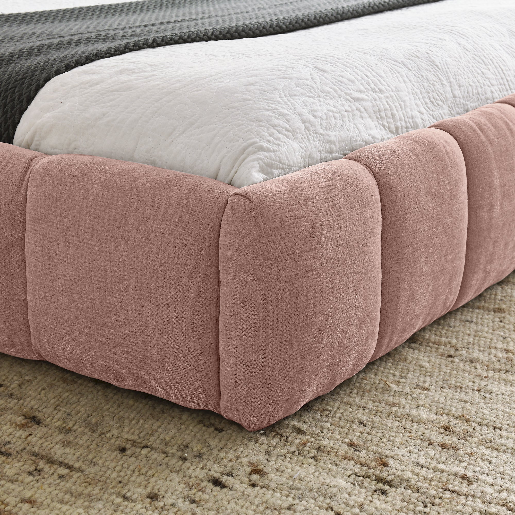 Modern Upholstered Queen Size Bed Frame with Thick Chenille Fabric, Pink, No Box Spring Needed