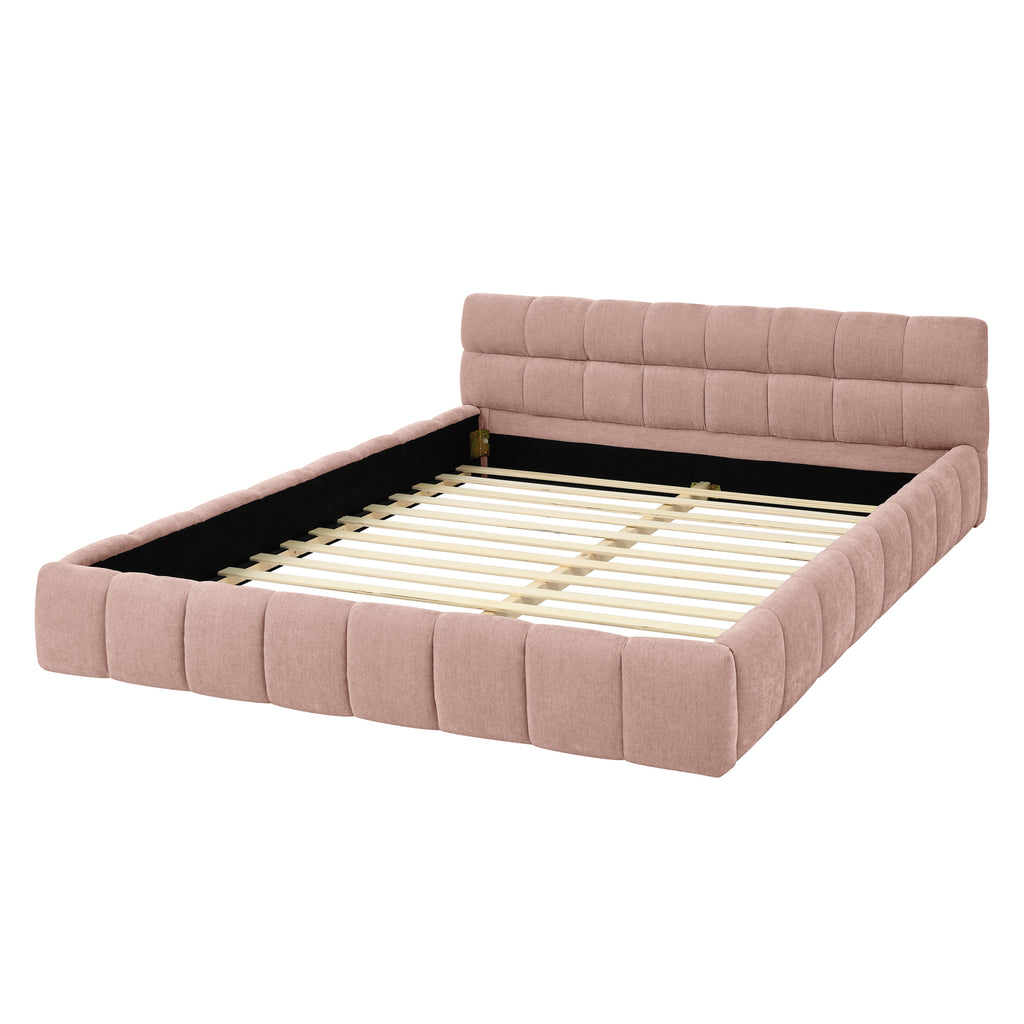 Modern Upholstered Queen Size Bed Frame with Thick Chenille Fabric, Pink, No Box Spring Needed
